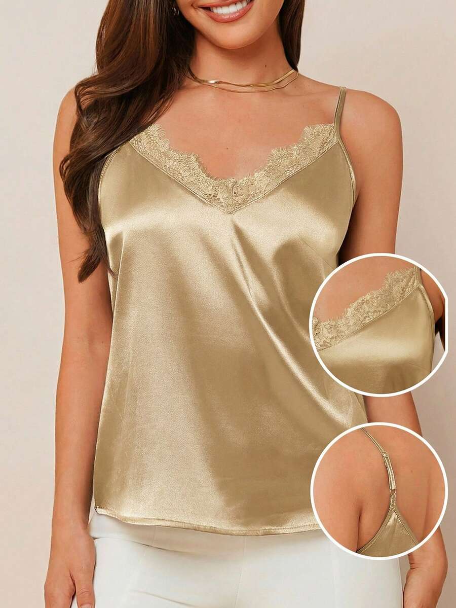 Amorya Áo hai dây satin màu xanh thanh lịch dành cho nữ, cổ ren, đa năng, thích hợp mặc vào mùa xuân/hè hoặc mặc lót bên trong vào mùa thu/đông. - Lạc đà - Xem 1