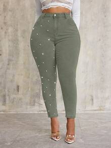 SHEIN SXY Plus Size Pearl Decor Stretchy Green Denim Skinny Pants Formal Holiday Spring Casual - Army Green - View 7