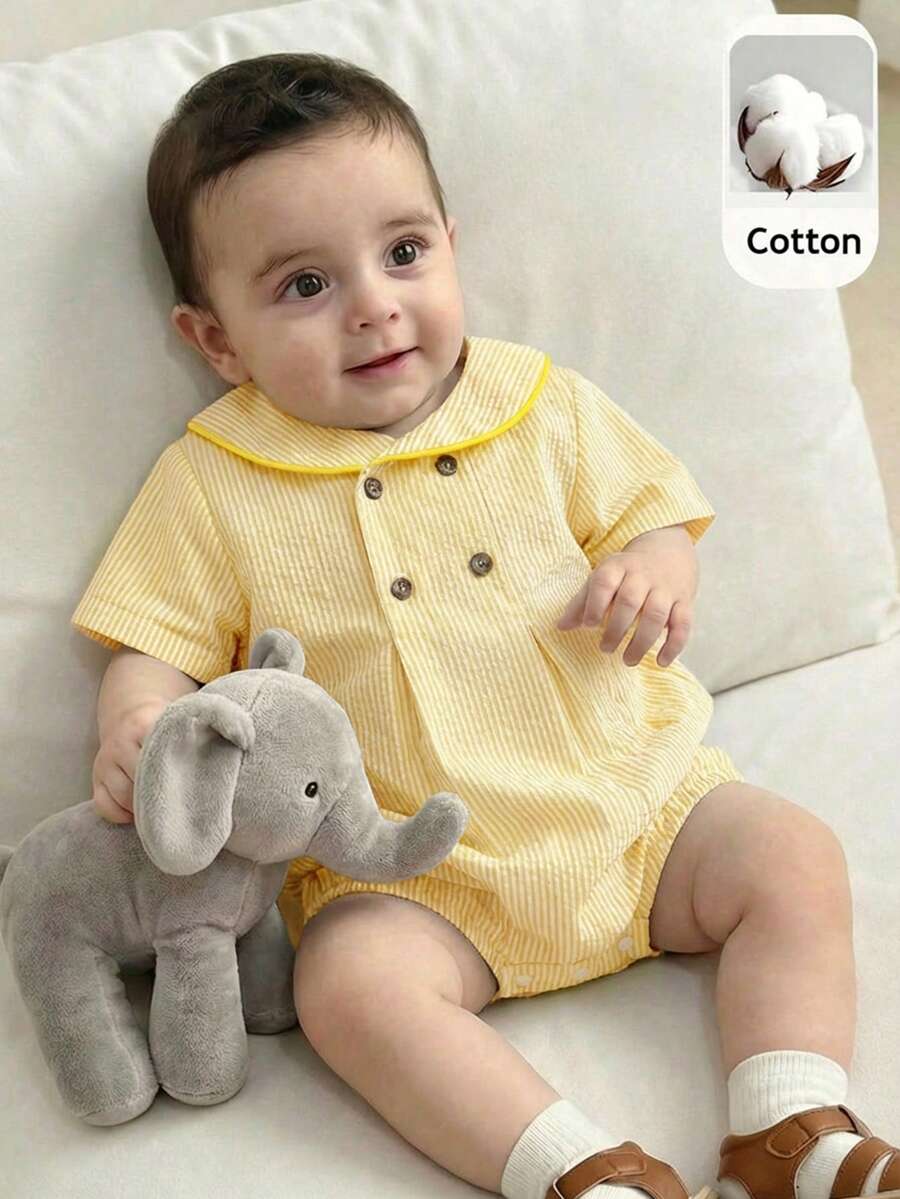 SHEIN Bộ áo liền quần tay ngắn cổ Peter Pan kẻ sọc xanh trắng dễ thương kiểu Anh cho bé trai/bé gái sơ sinh, thích hợp cho mùa xuân/hè. - Màu vàng - Xem 1