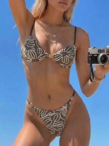 Swim Mod Bộ bikini nữ gợi cảm, chất liệu vải dệt, kiểu buộc dây phía sau, gồm áo crop top và quần bơi, thích hợp cho đi biển/nghỉ dưỡng. - màu nâu - Xem 4