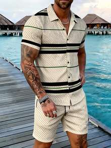 Manfinity RSRT Bộ đồ nam gồm áo sơ mi ngắn tay cài cúc họa tiết kẻ sọc và quần short túi xéo, kiểu dáng thường ngày. - Nhiều màu - Xem 5