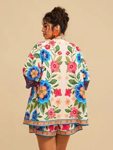 Travachic 大码女式蓝色树叶印花和服衬衫短裤沙滩两件套 | 女士度假节日服装两件套和服女式波西米亚风套装波西米亚时尚女装套装夏季 - 彩色 - 查看 2