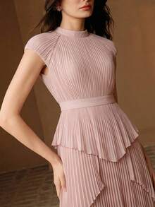 Anewsta Đầm maxi dài, tay ngắn, thắt eo, xếp ly, thanh lịch, kèm dây thắt lưng màu hồng, dành cho nữ. - Hồng - Xem 7