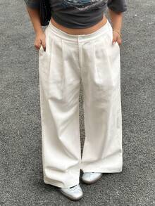 Dazy Plus Plus Size Women Solid Color Casual Loose Fit Long Pants, Versatile For Commuting, All Season, Spring/Summer, White - White - View 6