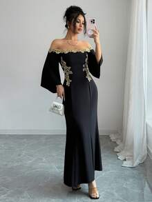 Elenzga Women's Elegant 3D Print Embroidered Off-Shoulder Fishtail Hem Dress - Black - View 4