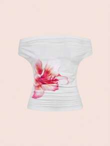 ROMWE Grunge Punk Women's Sexy Off Shoulder Tight-Fitting Baby T-Shirt With Lily Flower Print - White - View 1