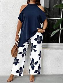 EMERY ROSE Women's Fashionable Off-Shoulder Casual Suit For Summer - Blue and White - View 6