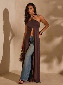 SHEIN Glamour 露脐短款上衣，侧开衩，细肩带，长款，适合夏季海滩度假 - 棕色 - 查看 1