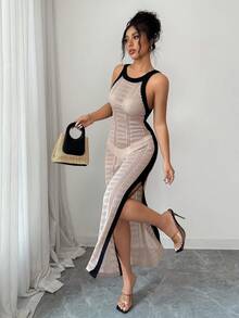 Elenzga 女士镂空针织无袖修身法式通勤长裙 - 卡其色 - 查看 6