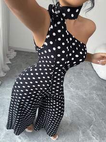 GlowEve CURVE Bộ jumpsuit nữ cỡ lớn thanh lịch màu đen trắng chấm bi cổ lệch, thích hợp mặc đi làm, mùa xuân/hè. - màu đen - Xem 4