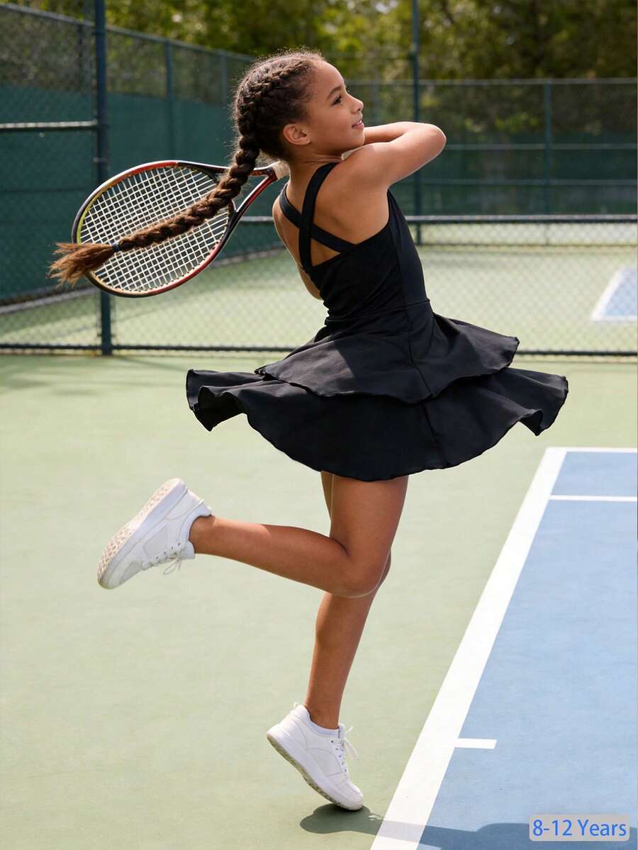 Girls Black Sporty Sleeveless Spaghetti Strap Tiered Layer Short Tennis Dress - Black - View 1