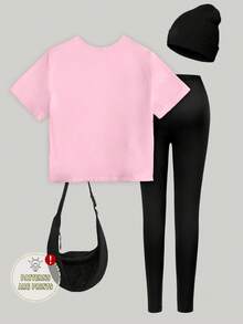 SHEIN Sparklyn Bộ đồ thể thao mùa xuân hè cho bé gái, phong cách thường ngày sáng tạo, cá tính, tối giản, điểm nhấn là nơ đen bóng, in họa tiết đồ họa, gồm áo thun và quần legging, thoải mái để mặc hàng ngày. - Nhiều màu - Xem 2