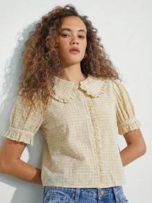 WESTFADE Áo sơ mi tay phồng cổ bèo ngắn cài cúc, kiểu dáng thường ngày dễ thương, phong cách Boho, thích hợp cho mùa thu, đông, hoặc trang phục phương Tây dành cho nữ. - Màu vàng - Xem 4