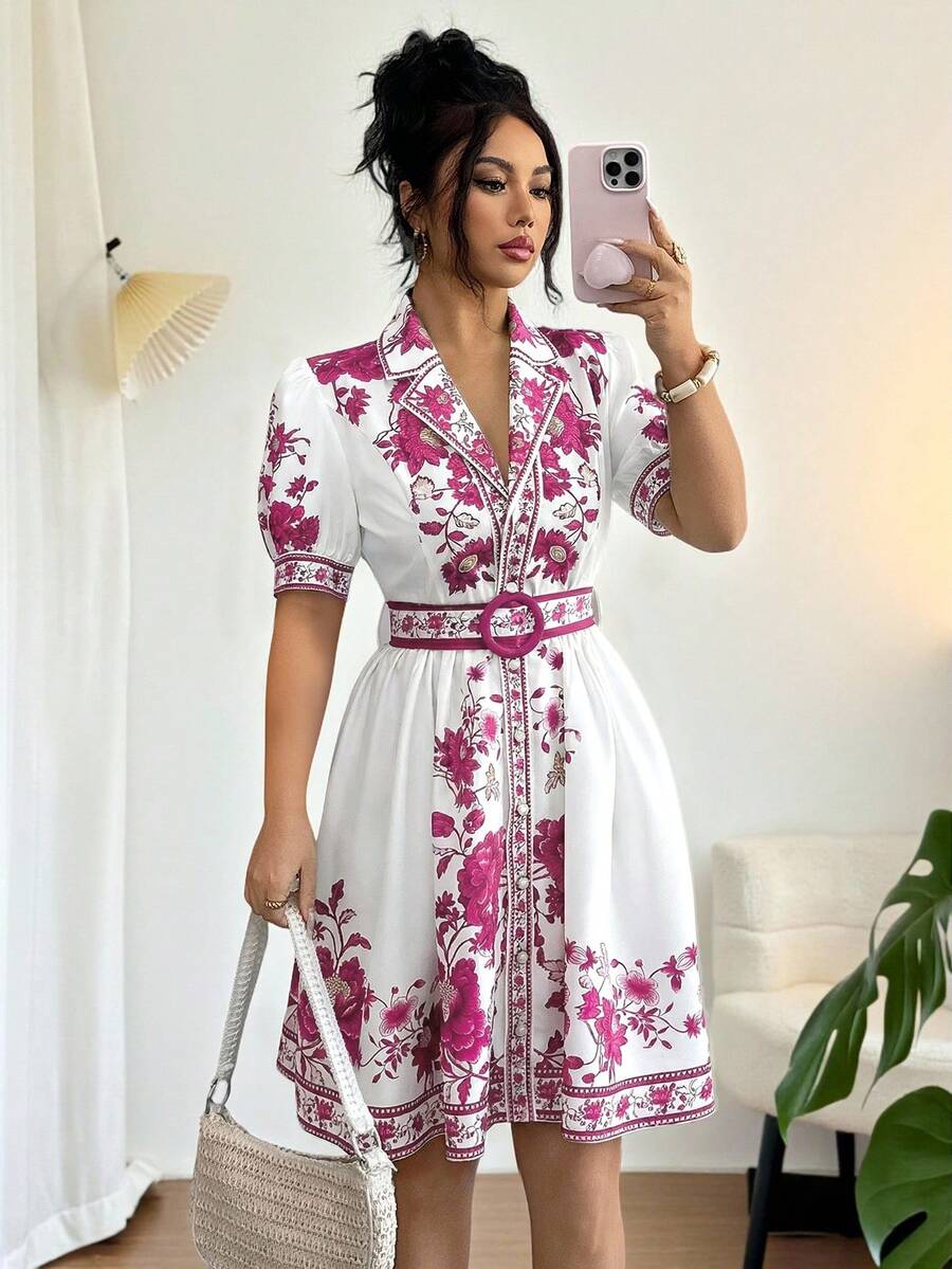SHEIN Raffinéa 女士浪漫优雅度假套装，蓝白碎花短袖收腰连衣裙，春夏款 - 彩色 - 查看 1