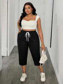 SHEIN PETITE CURVE Quần lửng cỡ lớn có túi chéo và dây rút ở eo - màu đen - Xem 8