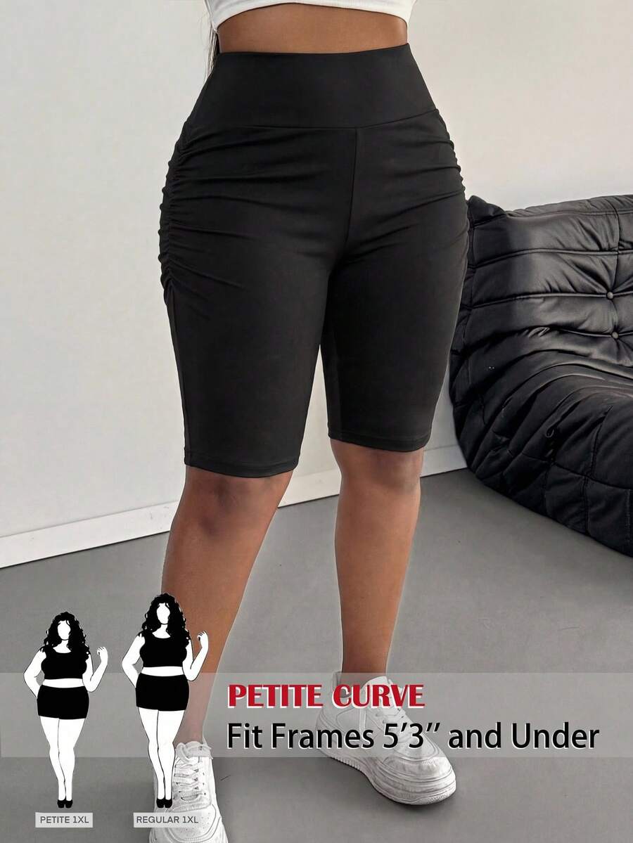 SHEIN PETITE CURVE 大码女式纯色褶皱休闲基础款打底裤，适合夏季穿着，中长款，适合娇小身材，高腰设计，休闲、运动、夏季穿搭、嘉年华服装、节日盛装 - 黑色 - 查看 1