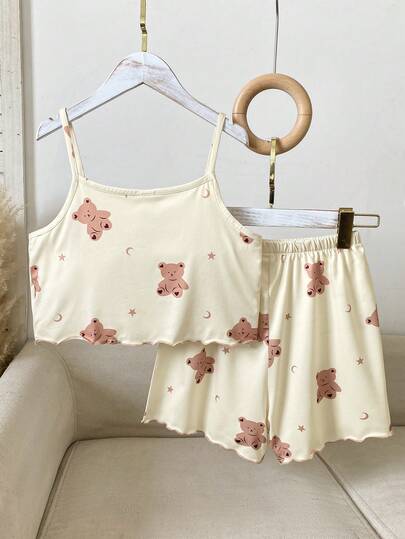 Girls' Summer Casual Comfortable Cartoon Heart Print Bow Tie Cherry Vest & Shorts 2pcs Set, Loungewear For Older Kids
