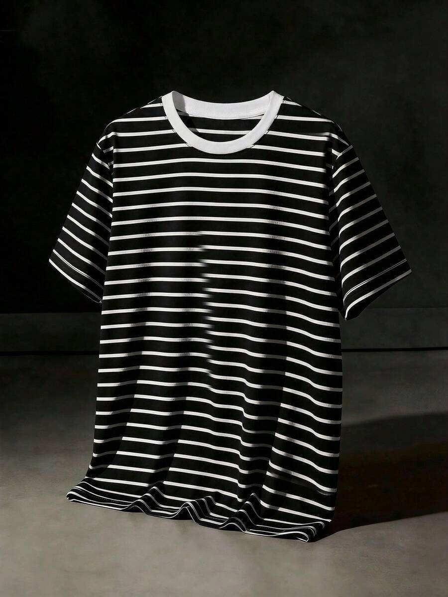 NEON BLANC Áo thun nam dệt kim kẻ sọc cổ tròn tay ngắn dành cho thanh thiếu niên > Áo thun dành cho thanh thiếu niên - Đen và trắng - Xem 1
