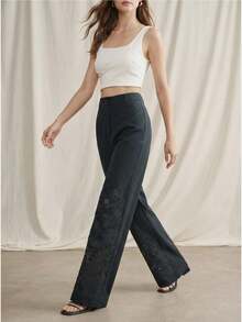 Anewsta Urban Chic Retro Hollow Embroidered High-Waist Straight-Leg Pants For Office/Commute - Navy Blue - View 6