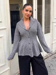 Marta Soriano 2025 New Arrive Minimalism Winter Women's Grey Solid Color Long Sleeve Single-Breasted Ruffle Hem Knitted Cardigan, Autumn/Winter Grey Cardigan Button Up Cardigan New Year Look And Christmas Stylish,Fall - Grey - View 6