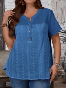 EMERY ROSE Plus Size Contrast Color Notched Neck Casual Short Sleeve Shirt - Blue - View 4