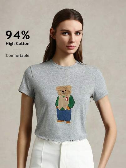 Briarwyn 纯色针织圆领印花短袖修身女式T恤，夏季女装商务休闲款