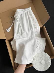 SHEIN EZwear 女士休闲阔腿裤，纯白色 - 白色 - 查看 1
