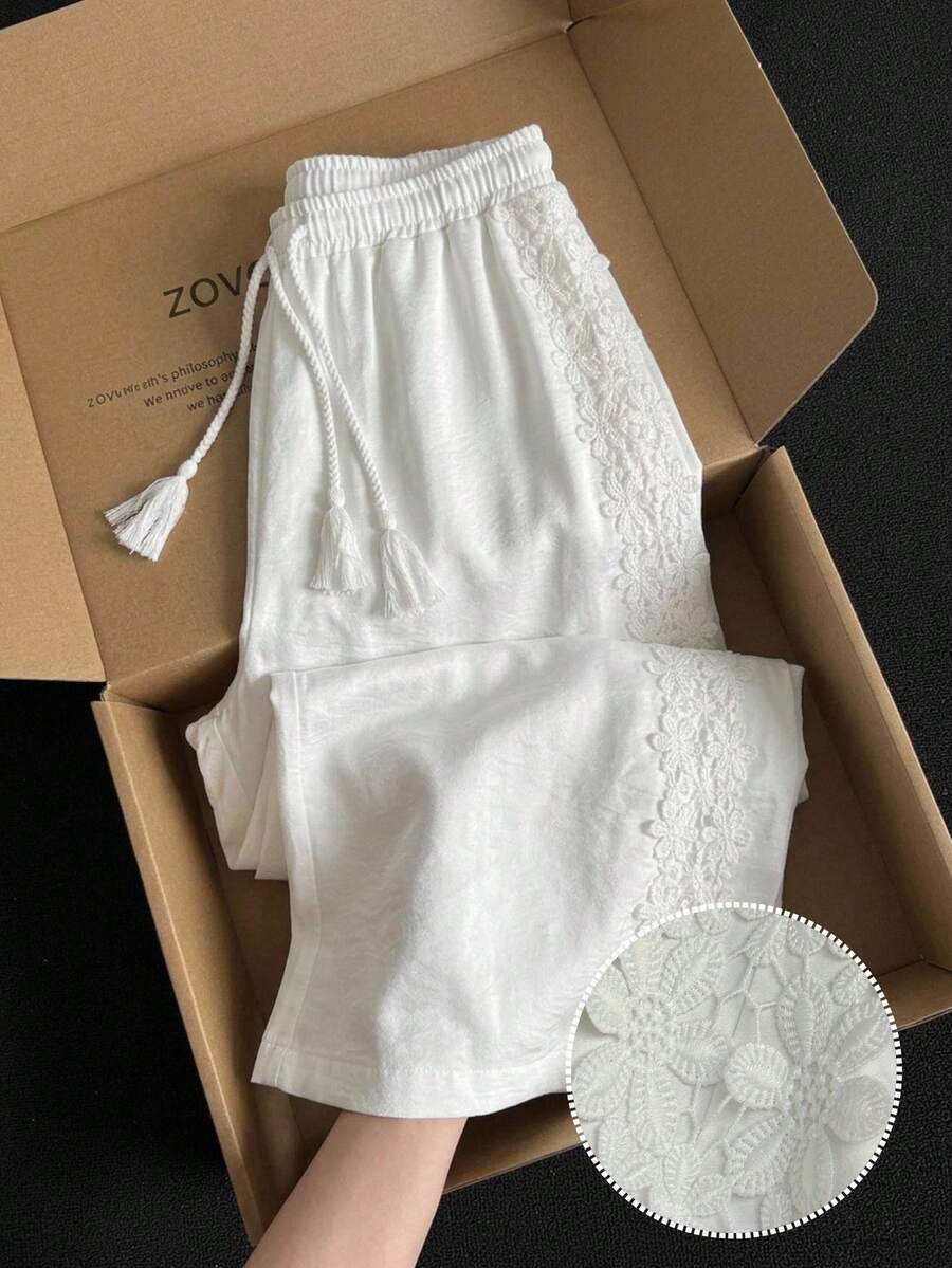 SHEIN EZwear 女士休闲阔腿裤，纯白色 - 白色 - 查看 1