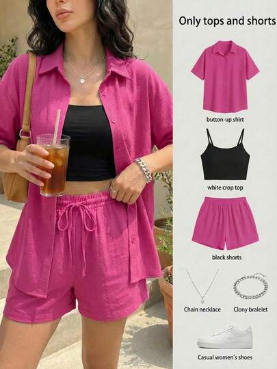 Conjunto mujer 3piezas camisa, top y short cintura elástica look casual elegante verano outfit cómodo moda femenina