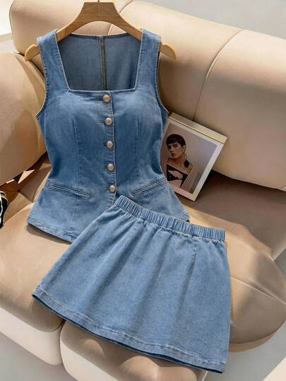 SHEIN MOD Women's Single-Breasted Square Collar Top And Mini Skirt Casual Denim Suit