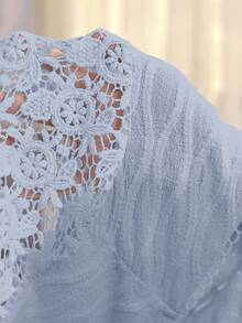 Reflora Plus Size Women's T-Shirt, Summer Casual Wear Top, Elegant Knit Jacquard T-Shirt With Contrast Lace, White - Dusty Blue - View 7