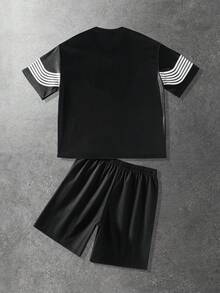 Bộ áo thun và quần short kẻ sọc dành cho nam, thích hợp cho mùa xuân/hè. - màu đen - Xem 2