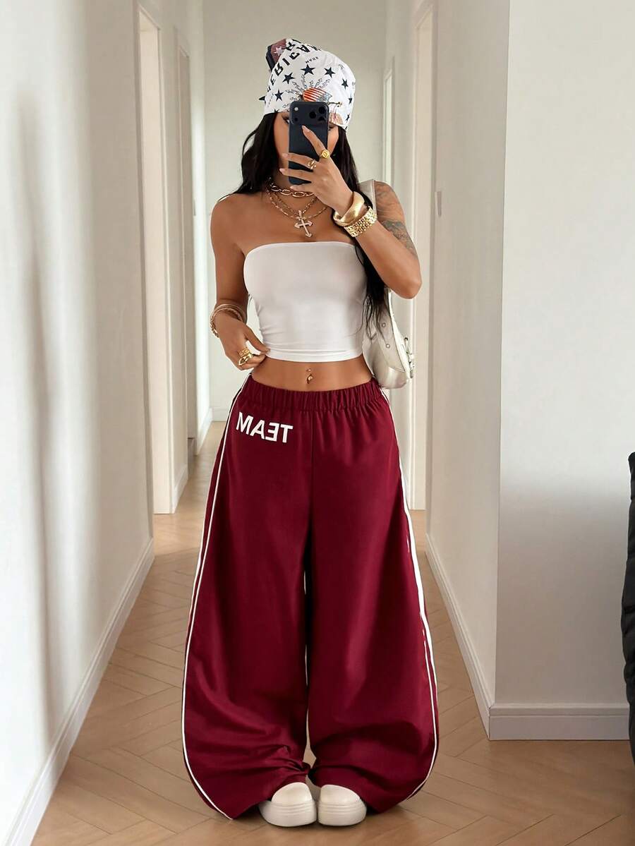 SHEIN HypeZone 2pcs/Set Women Street Casual Sports Racewear Bandeau Top And Pants - Multicolor - View 1
