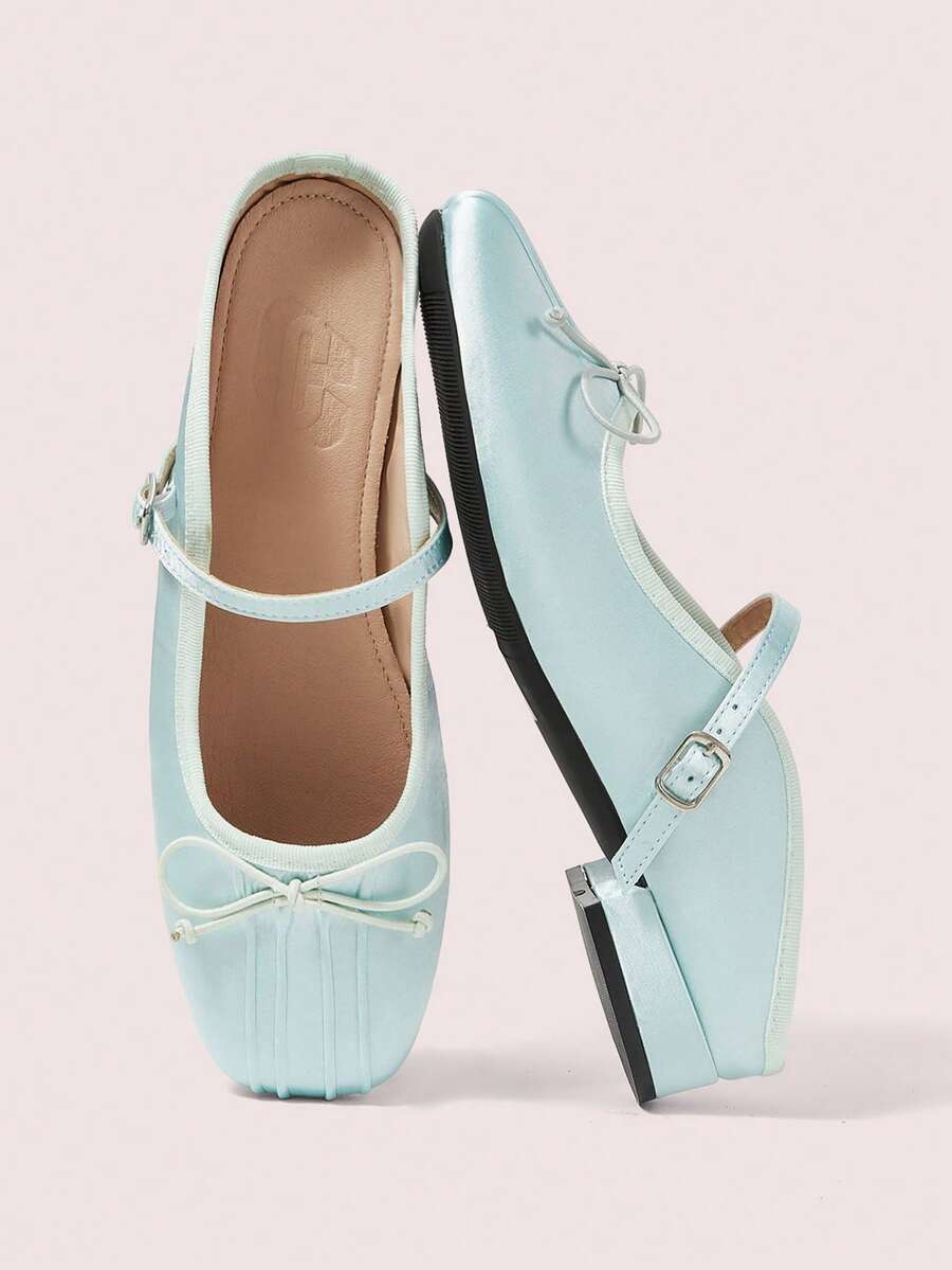 CUCCOO DOLLMOD Women's Blue Pleated Bow Tie Strap Square Toe Flat Mule Sandals, Elegant Sweet Backless Slip-On For Date, Everyday Wear Summer Shoes - Blue - View 1