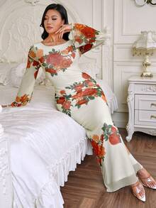 Modelyn 女士碎花优雅收腰中长连衣裙，适合派对和聚会，假日碎花连衣裙，女士夏季假日装扮，女士碎花连衣裙，花朵印花连衣裙，优雅碎花连衣裙，茶会连衣裙，长袖碎花连衣裙 - 彩色 - 查看 3