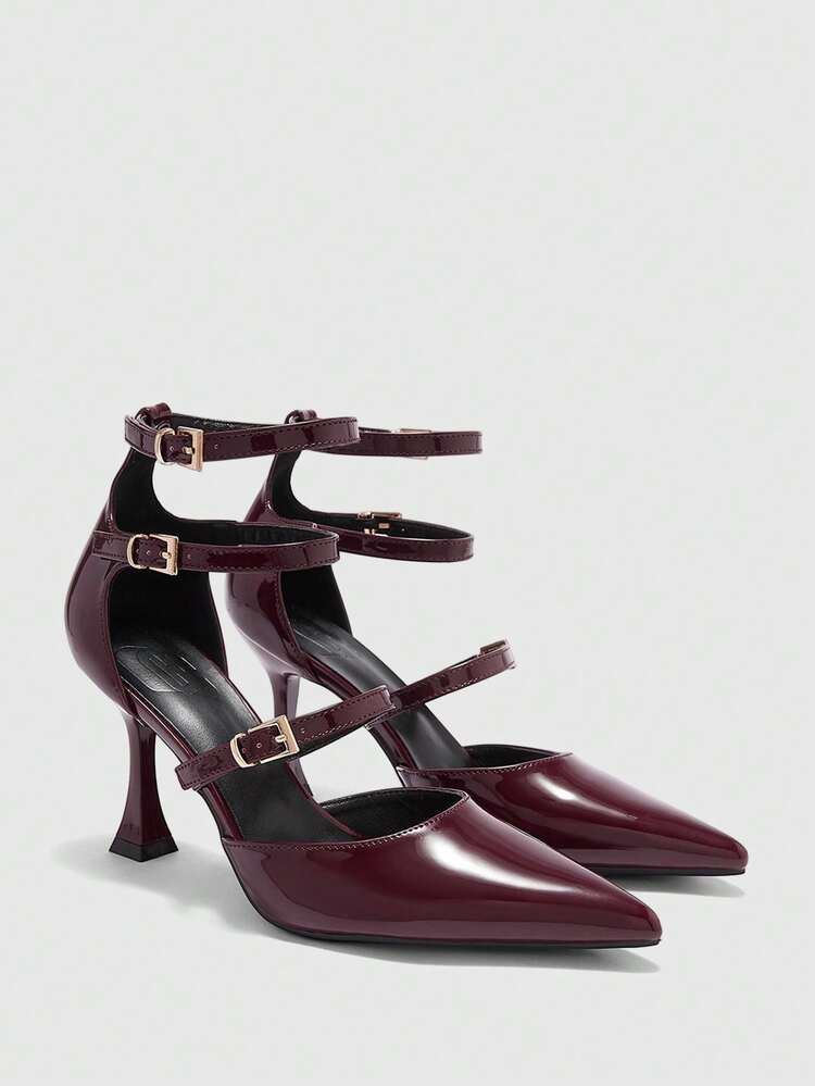CUCCOO BIZCHIC Women's High Heels Pointed Toe 9CM Women's Stiletto High Heels Shoes Hollow Buckle Adjustable Elegant Stiletto Shoes Mirror PU Material Sexy Burgundy High Heels Fashion Versatile Suitable For Daily/Party/Commute/Valentine's Day Dating/Christmas/Formal Women's Shoes
