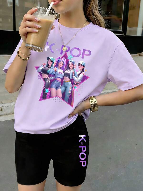 Tween Girls Cute Lavender Summer Outfit,Short Sleeve K-POP Graphic Print T-Shirt & Shorts Set,Casual & Comfortable Fashion Design For Outdoor & Home