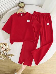 SHEIN 少女休闲宽松舒适圆领短袖T恤和裤子两件套 - 紅色 - 查看 3