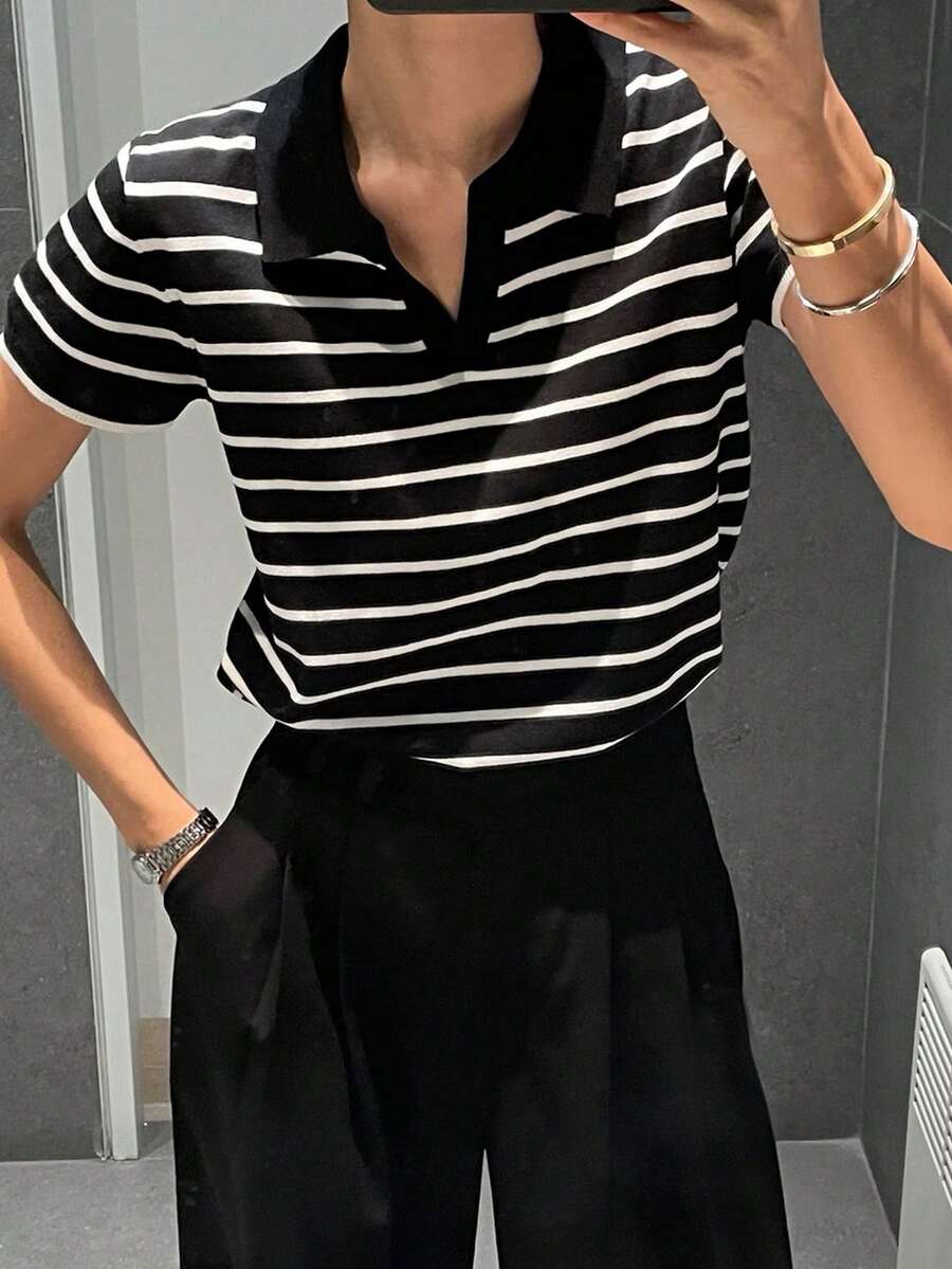 Dazy Tall 女士翻领条纹腰部休闲针织毛衣 - 黑與白 - 查看 1