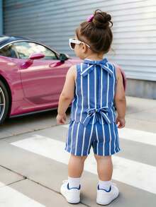 2pcs/Set Baby Girls' Casual Solid Color Round Neck Top With Bow Decor At Back And Striped Shorts Set, Blue - Light Wash - View 2
