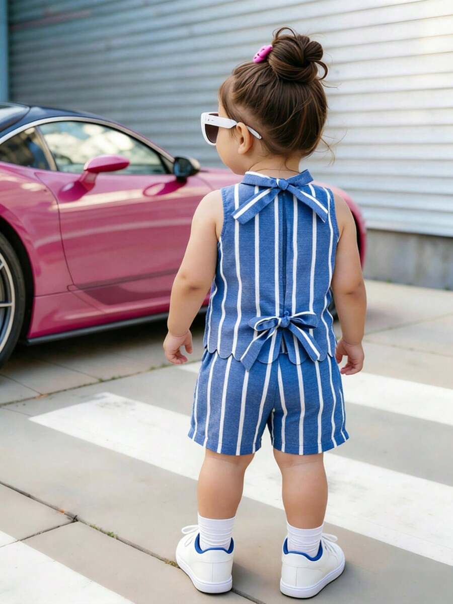 2pcs/Set Baby Girls' Casual Solid Color Round Neck Top With Bow Decor At Back And Striped Shorts Set, Blue