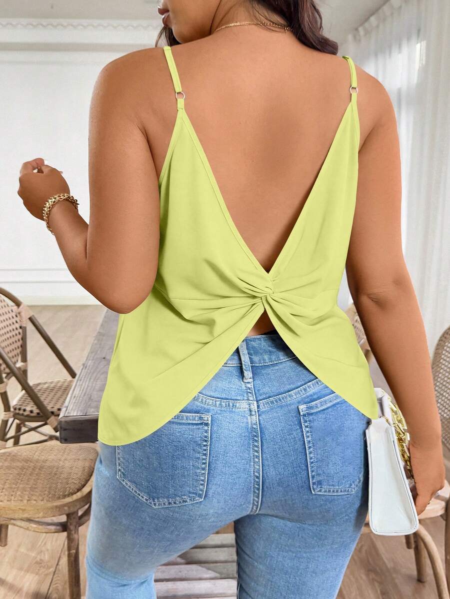 SHEIN Clasi Áo hai dây cỡ lớn dành cho nữ, màu trơn, thiết kế xoắn lưng, thích hợp cho mùa hè, kiểu dáng dễ thương, thoải mái, áo nữ mùa hè, áo kiểu casual, áo hở lưng thanh lịch cho nữ. - Màu vàng - Xem 1