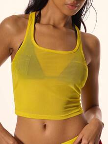 MUSERA Áo thun ôm sát cổ khoét sâu, chất liệu lưới xuyên thấu, kiểu dáng racer back, thích hợp cho mùa hè, xuân, kỳ nghỉ, du lịch, phong cách Ibiza, thanh lịch, Limonada. - Màu vàng - Xem 2