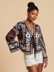 Travachic Woven Printed Long Sleeve Cropped Loose Blouse For Women,Summer Top - Black - View 4