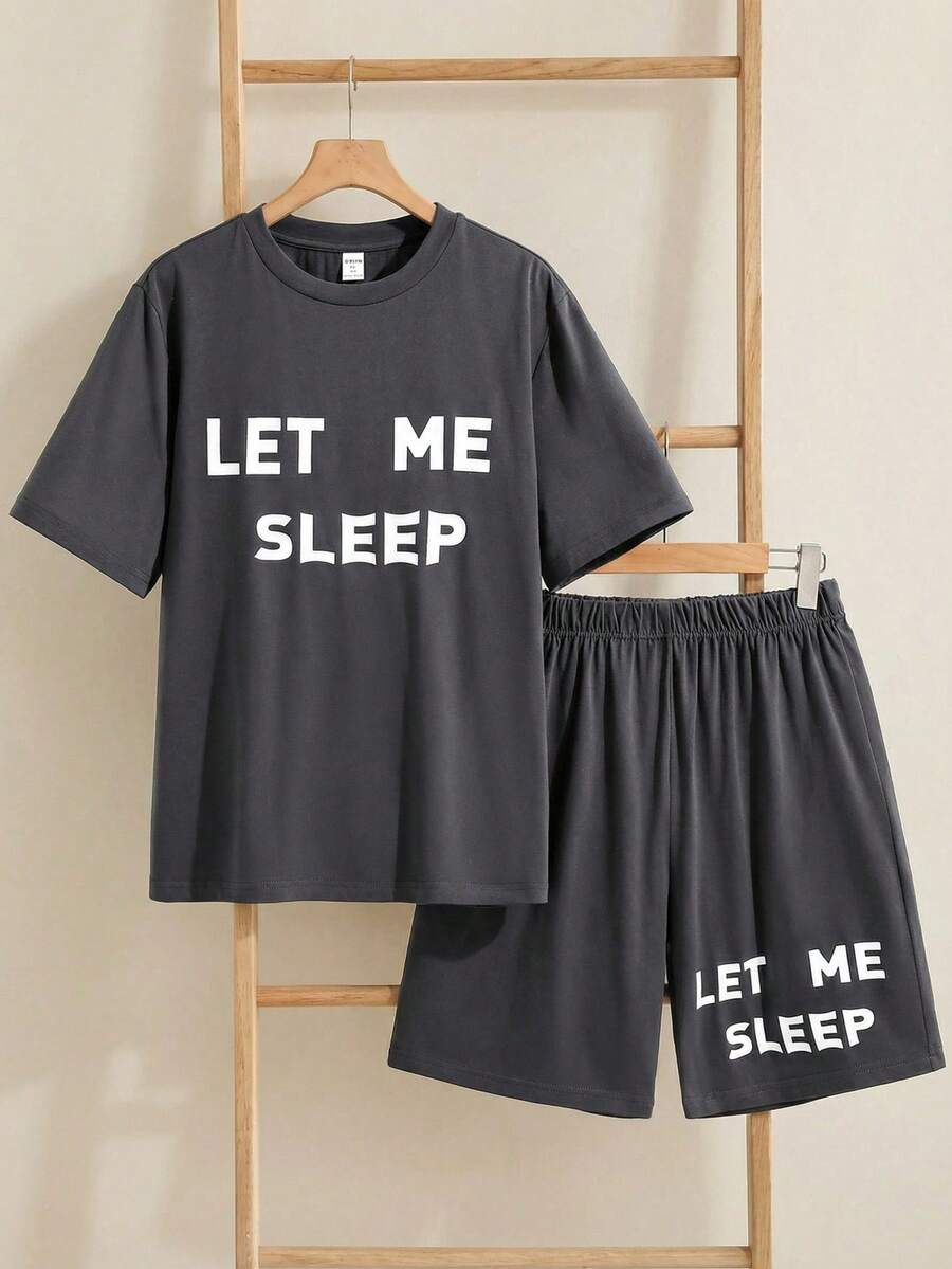 SHEIN Leap Crew Teen Boy Casual Letter Print Graphic Crew Neck Short Sleeve Tee And Shorts 2 Pieces Knit Pajama Set - Grey - View 1