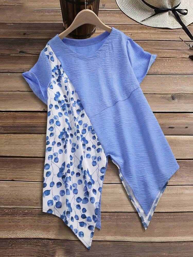 Plus Size Women Asymmetric Patchwork Botanical Print Long Shirt