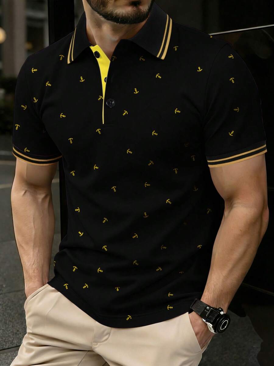 Calvornis 男士锚图案短袖休闲通勤 Polo 衫 - 黑色 - 查看 1