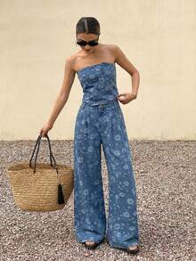 DAZY Women's Bandeau Top & Loose Fit Jeans Set - Blue - View 4