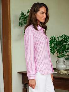 Dayvera Áo sơ mi nữ kẻ sọc cài một hàng khuy, kiểu dáng thường ngày đa năng. - Hồng - Xem 10