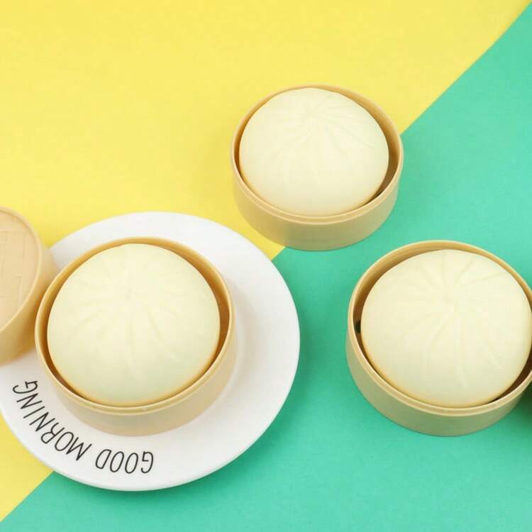 随机颜色发货 彩色饺子造型解压球，面团球挤压玩具，面包形状拉伸玩具，带蒸笼，可放置于桌面 - 彩色 - 查看 4